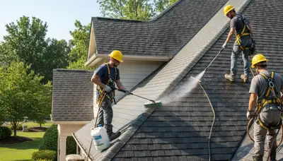 Roof cleaning service in Columbus, OH removes algae, moss, and debris from a residential roof