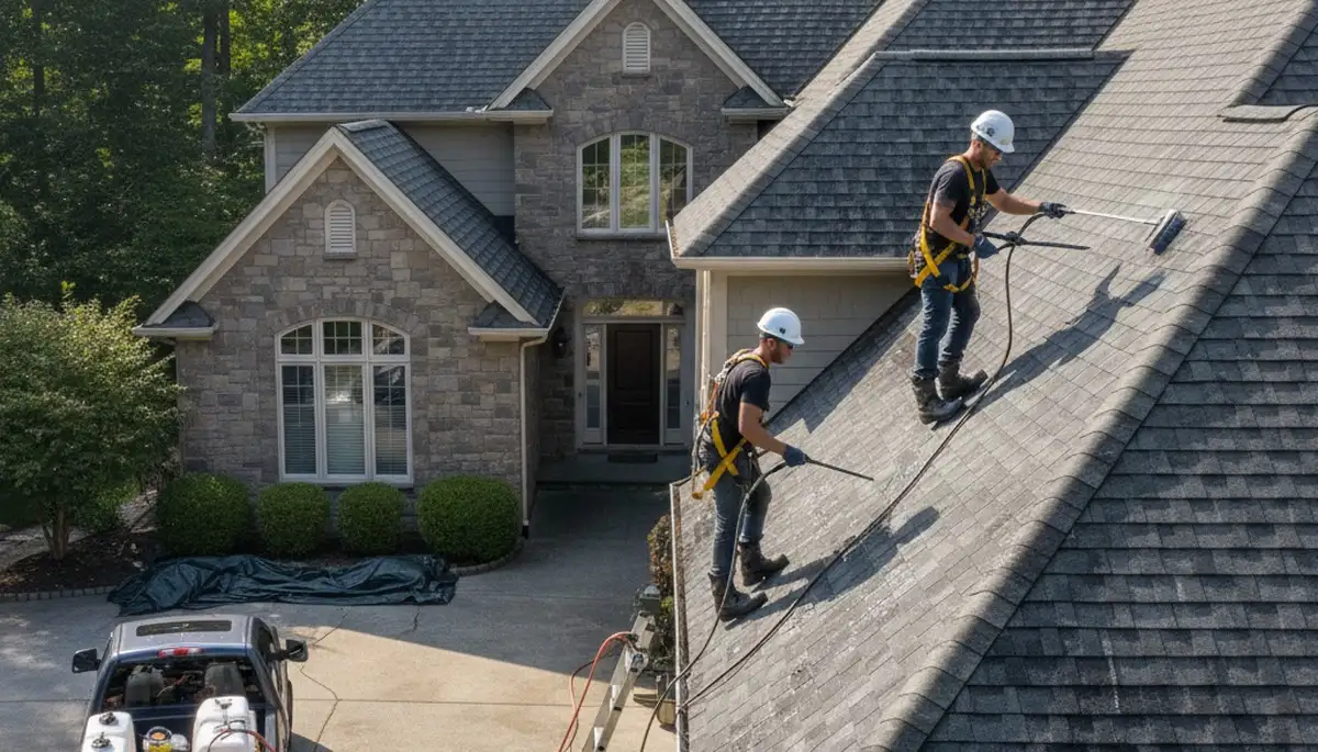 Roof cleaning in Columbus, OH by FX Remodeling & Exteriors removing algae and debris