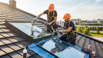 Columbus, OH siding contractor inspecting skylight repair on a home exterior